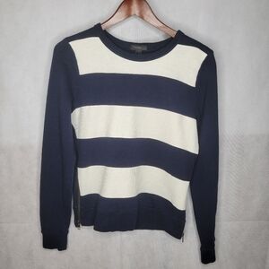 J. Crew Top Navy White Stripe Long Sleeve Pullover Zipper Side Preppy Nautical S